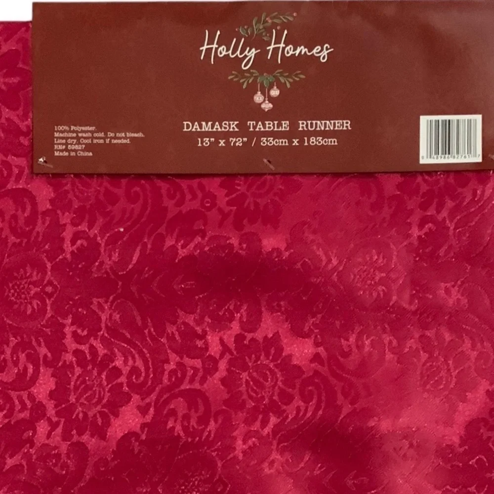 Christmas Silky Damask Table Runner Holly Homes Holiday Tassels Red 13 x 72 in